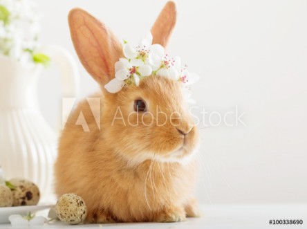 Bild på Little rabbit with spring flowers and Easter eggs